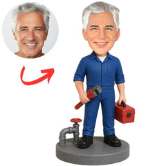 Custom Plumber Bobblehead with Toolbox and Pipe Assembly