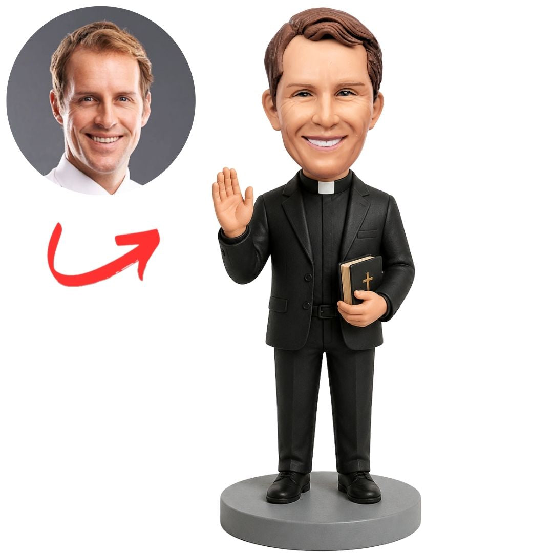 Custom Reverend Bobblehead with Book and Raised Palm