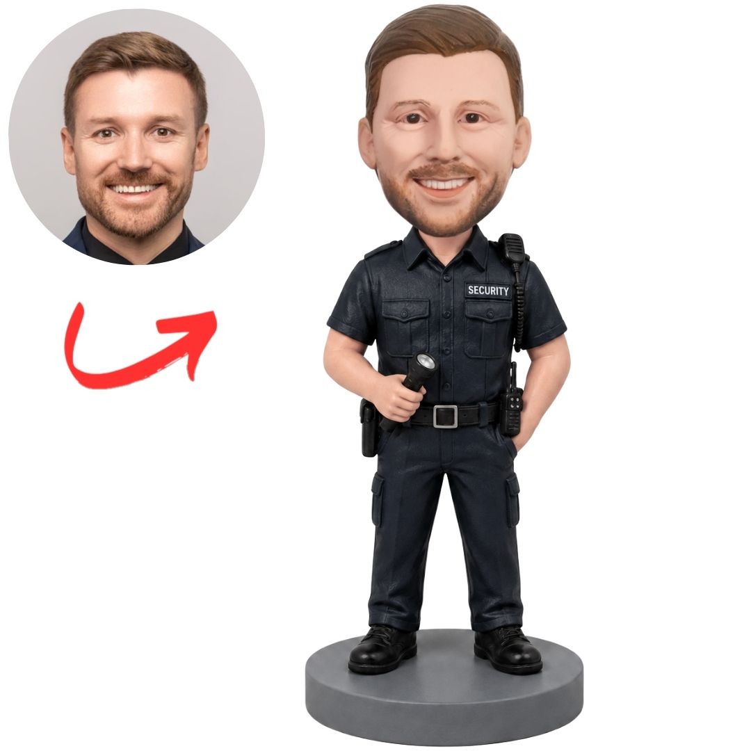 Custom Security Guard Bobblehead in Black Uniform with Radio