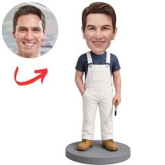Painter in White Overalls Holding Brush Custom Bobblehead