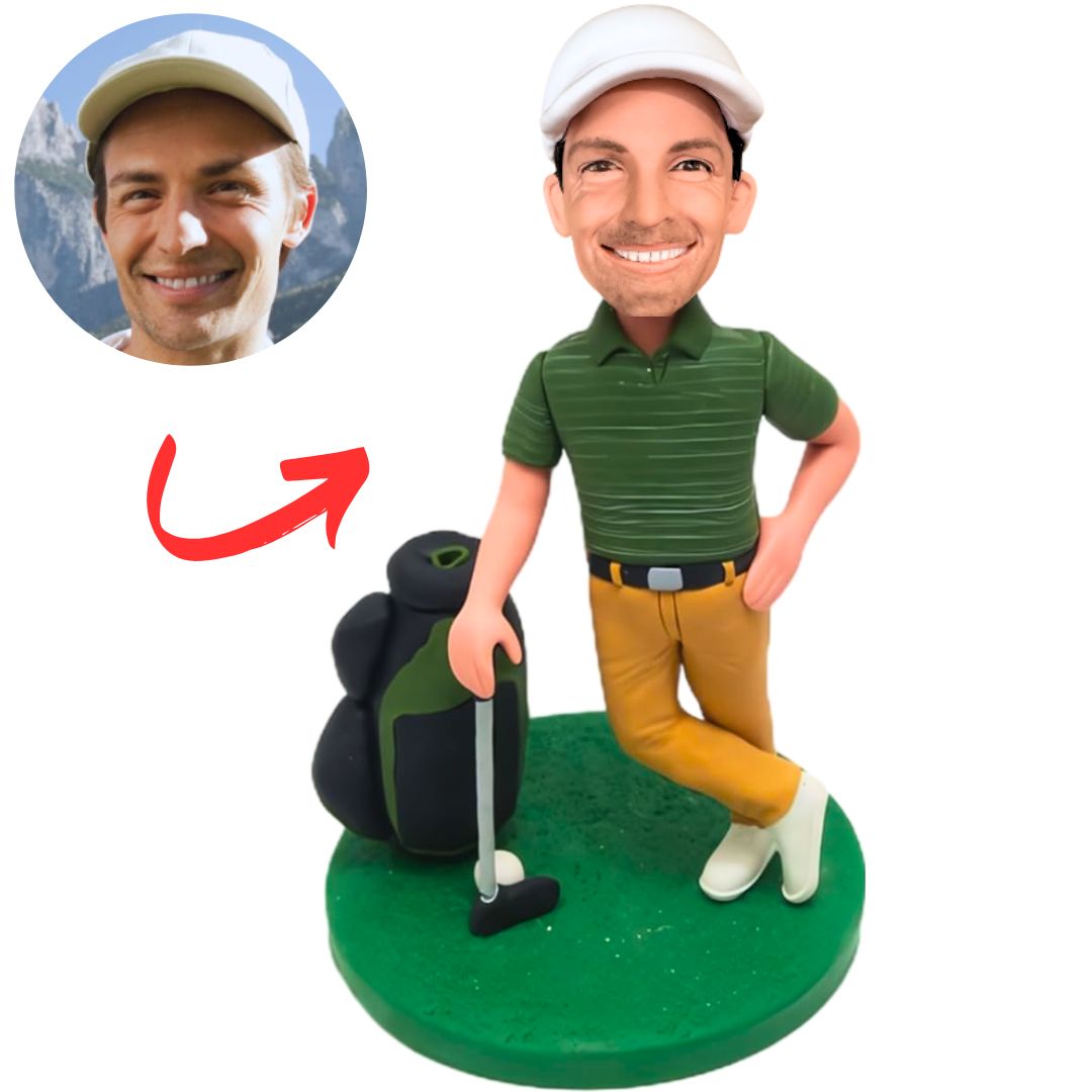 Green T-shirt Golf Player with Bag Custom Bobbleheads