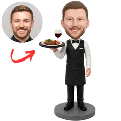 Custom Waiter Bobblehead with Food Tray in Black Apron