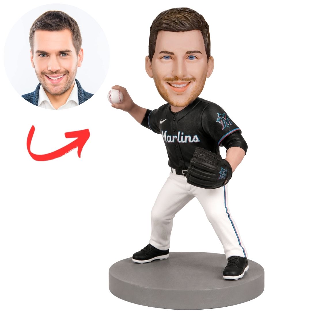 Custom Miami Marlins Baseball Pitcher Bobblehead in Black and White