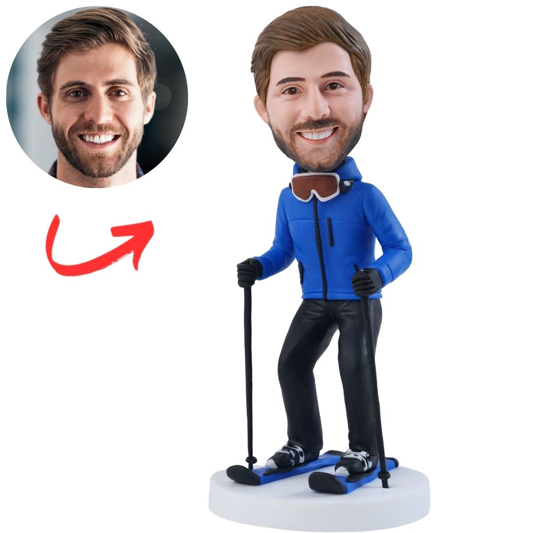 Custom Skier Bobblehead with Blue Jacket Skis and Poles