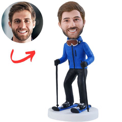 Custom Skier Bobblehead with Blue Jacket Skis and Poles
