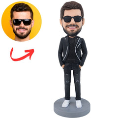 Custom Man Bobblehead in Black Leather Jacket and Ripped Jeans