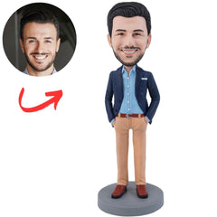 Custom Businessman Bobblehead in Navy Blazer and Khaki Pants