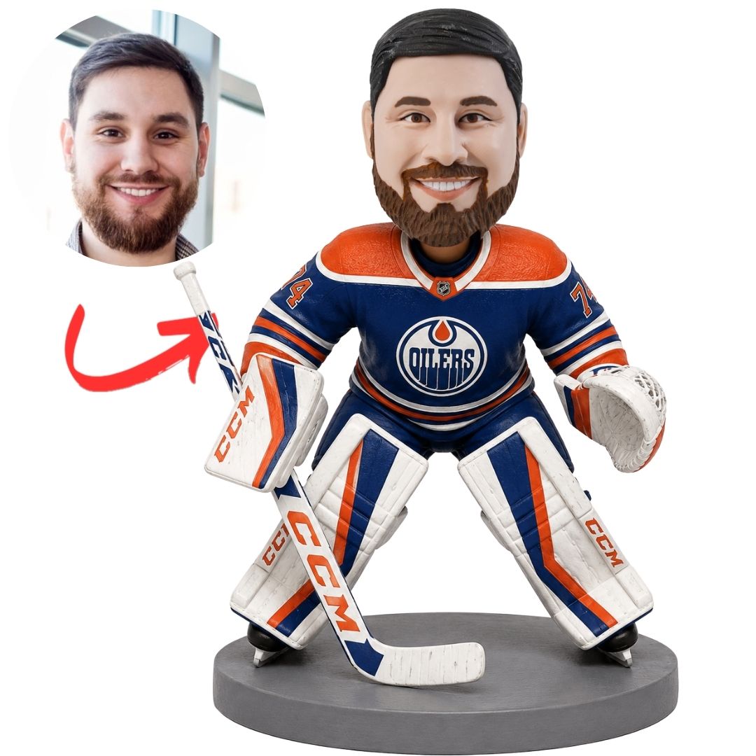 Edmonton Oilers Hockey Goalie in Navy Jersey Custom Bobblehead