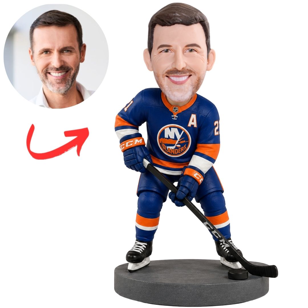 New York Islanders Hockey Player with Stick Custom Bobblehead