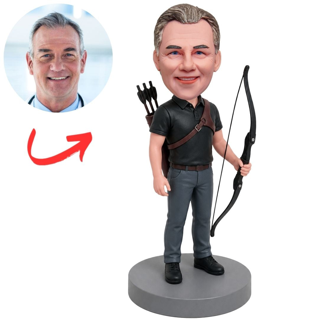 Male Archery Enthusiast Holding Bow Custom Bobblehead with Quiver