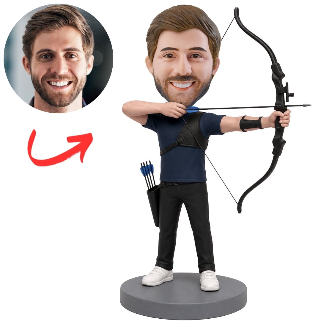 Male Archery Enthusiast Drawing Bow Custom Bobblehead in Navy Shirt