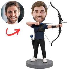 Male Archery Enthusiast Drawing Bow Custom Bobblehead in Navy Shirt