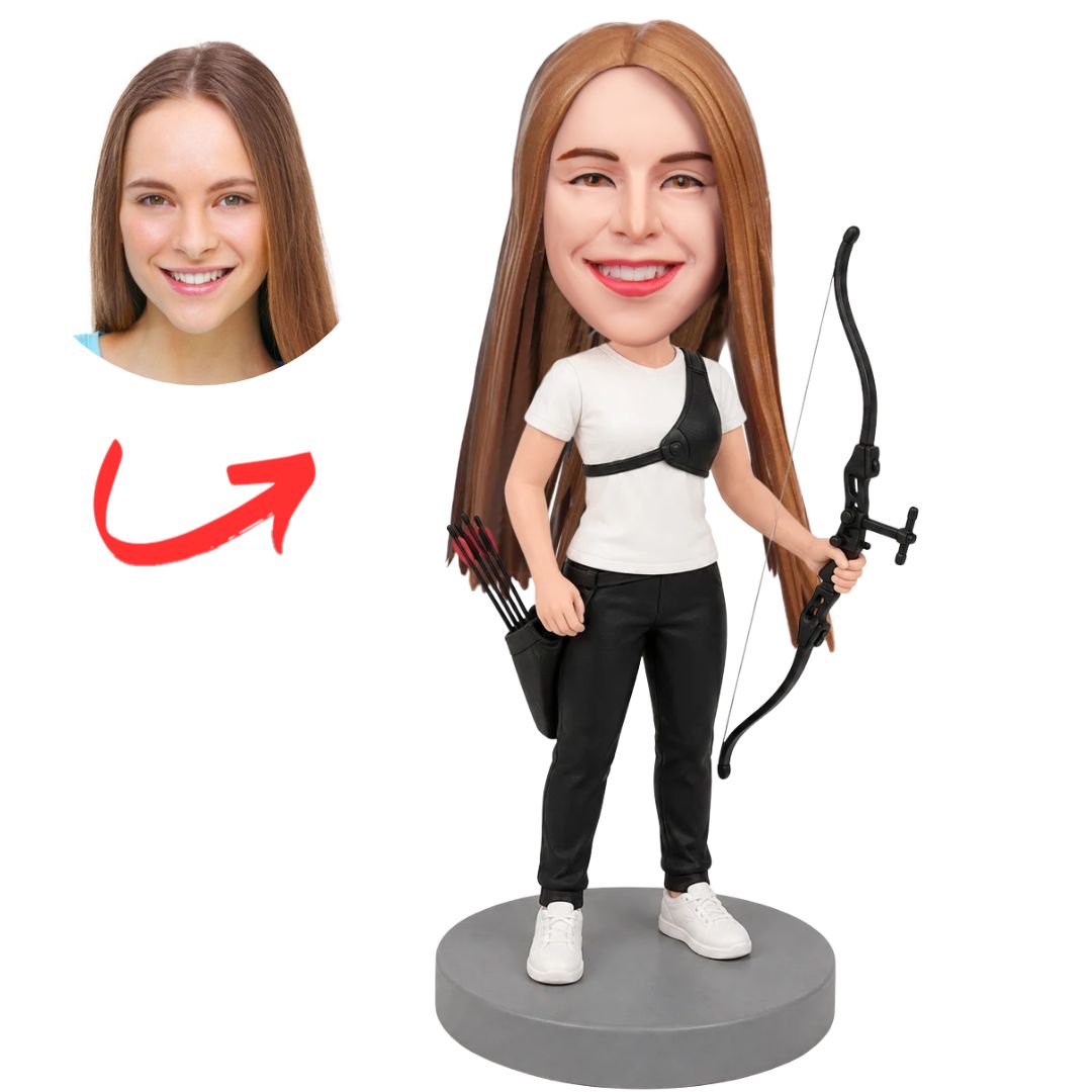 Female Archery Enthusiast Custom Bobblehead with Bow and Quiver