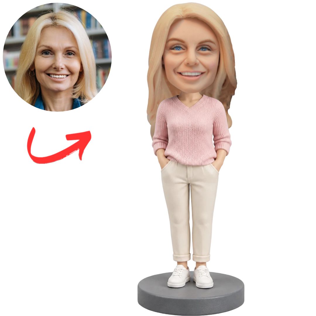 Aunt Custom Bobblehead in Pink Sweater and Cream Pants