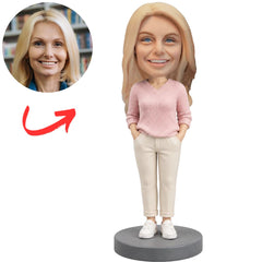 Aunt Custom Bobblehead in Pink Sweater and Cream Pants