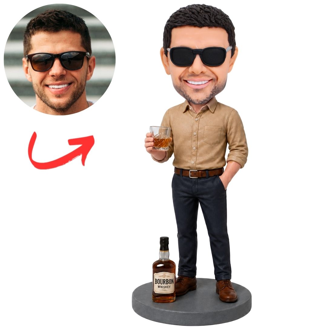 Man Custom Bobblehead with Bourbon Glass and Bottle
