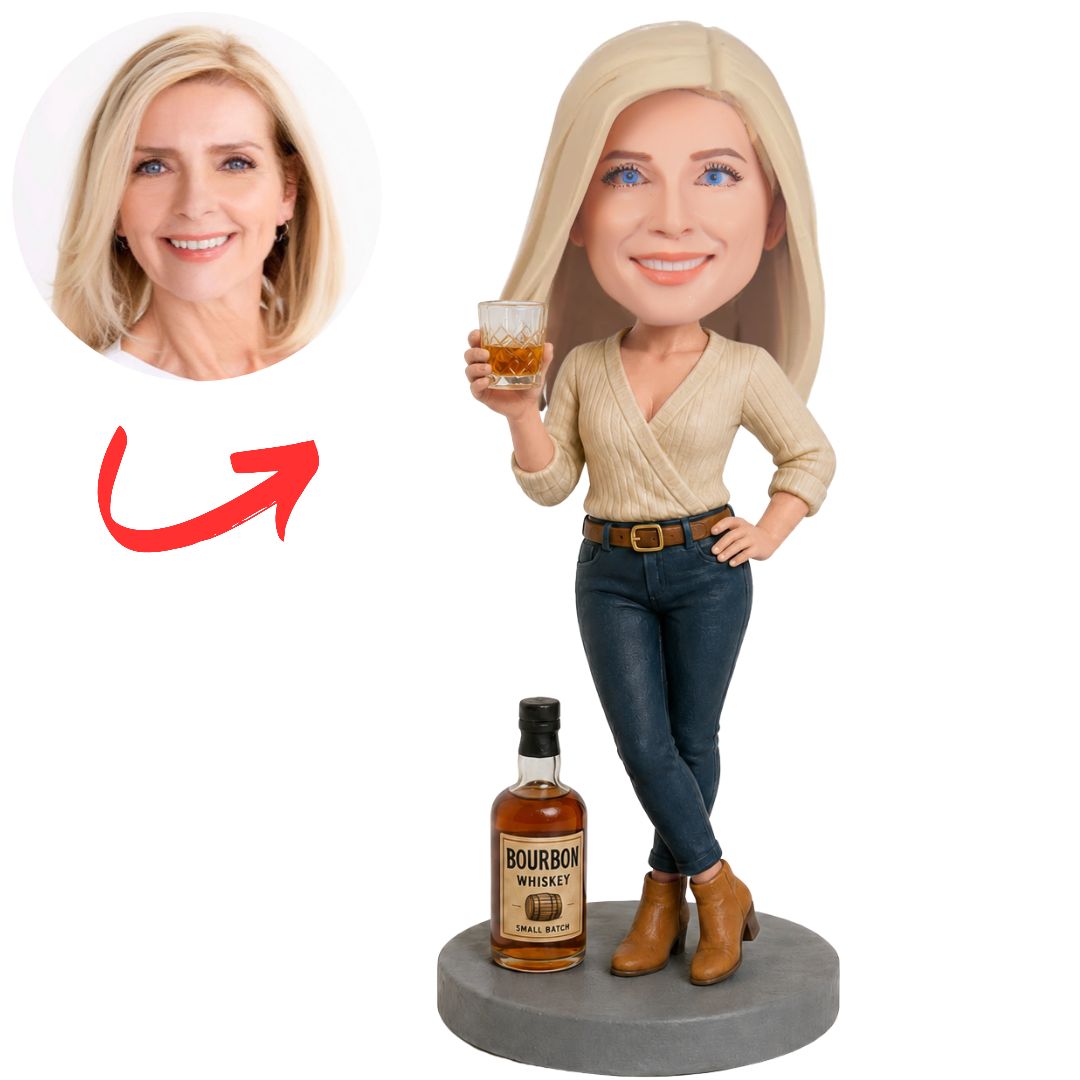 Woman Custom Bobblehead with Bourbon Glass and Bottle