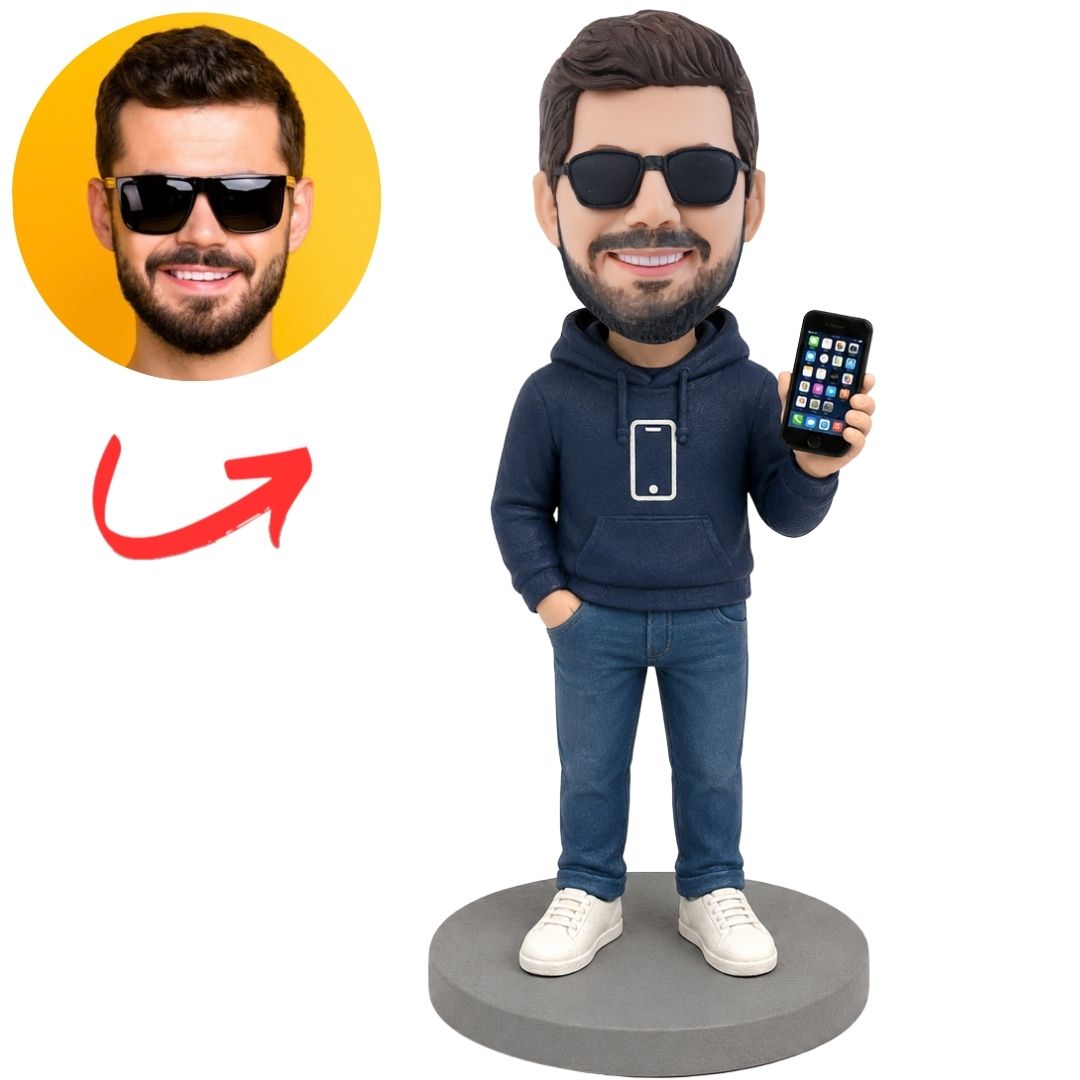 Man Custom Bobblehead in Navy Hoodie Holding Cell Phone