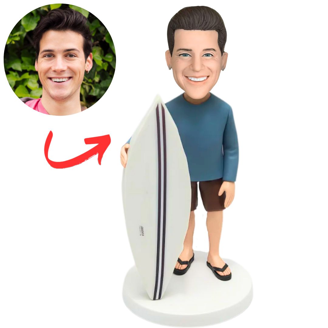 Casual Surfer Man with Surfboard Custom Surfer Bobbleheads