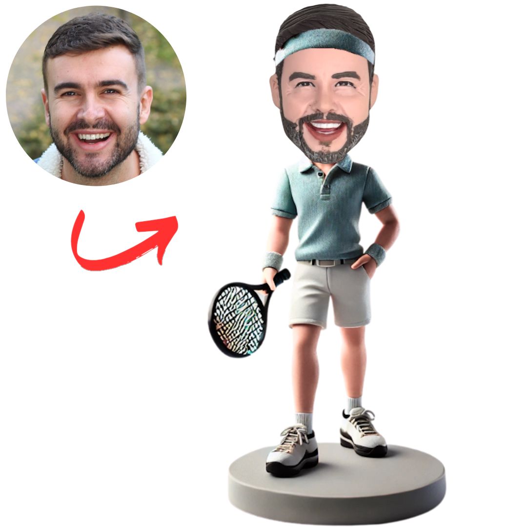 Blue Shirt Male Tennis Player Custom Bobbleheads