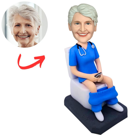 Personalized Humorous Bobbleheads Female Doctor Squatting on Toilet