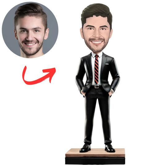 Handsome Male Boss in Black Suit Personalized Bobbleheads