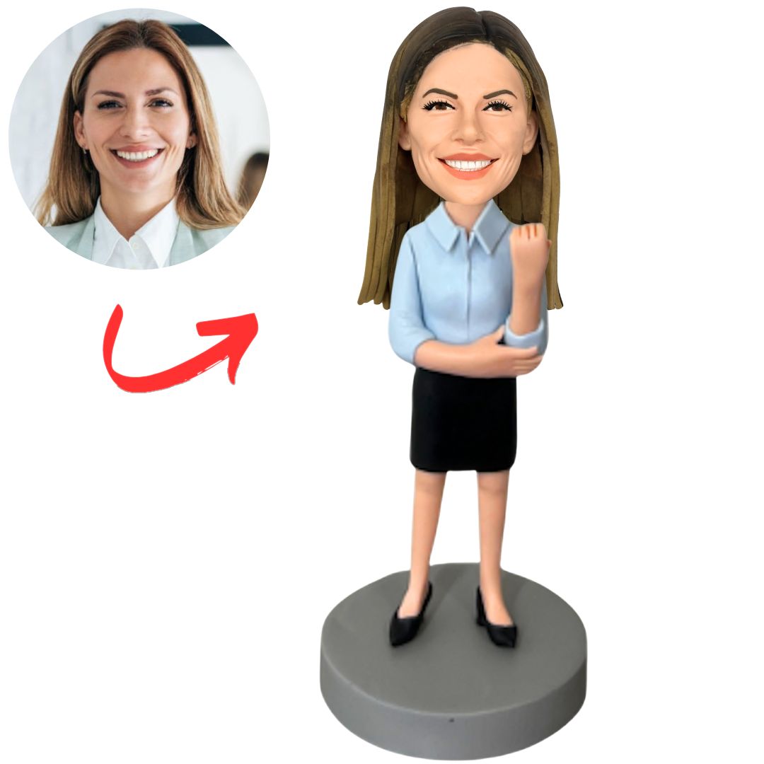 Business Lady in Blue Shirt Personalized Business Bobbleheads