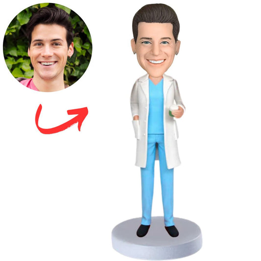 Male Doctor Holding Medicine Bottle Personalized Doctor Bobble Heads
