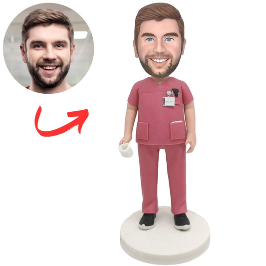 Male Doctor in Pink Scrub Custom Bobble Head