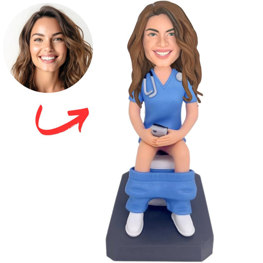 Personalized Bobbleheads Female Nurse Sitting on The Toilet