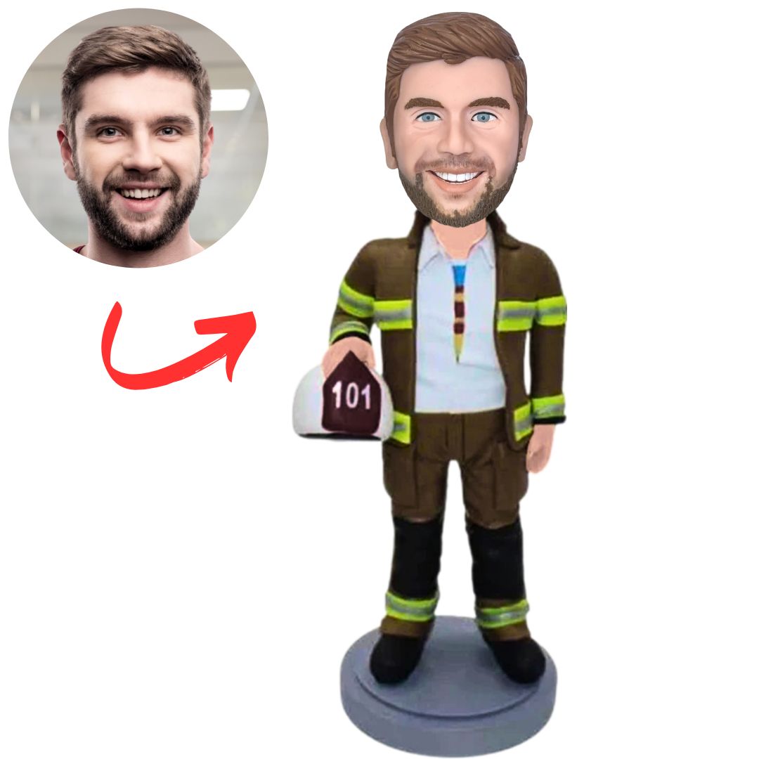 Firefighter Holding No. 101 Helmet Custom Bobbleheads