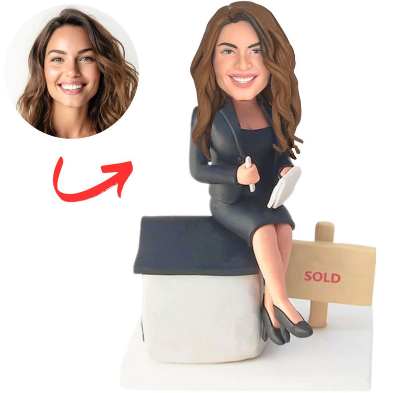 Bobbleheads Gifts Female Real Estate Agent Sitting with Sold Sign Custom Bobbleheads